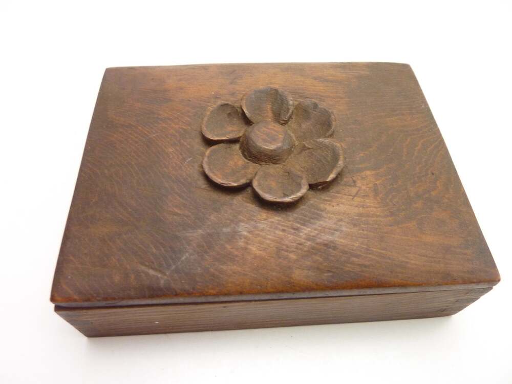 Small Handmade Wooden Box Joint Trinket Container Carved Floral Medallion Lid